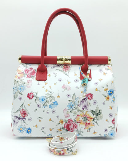 Lock & Key Genuine Pebble Leather White Red Floral Handbag Satchel  – Made In Italy