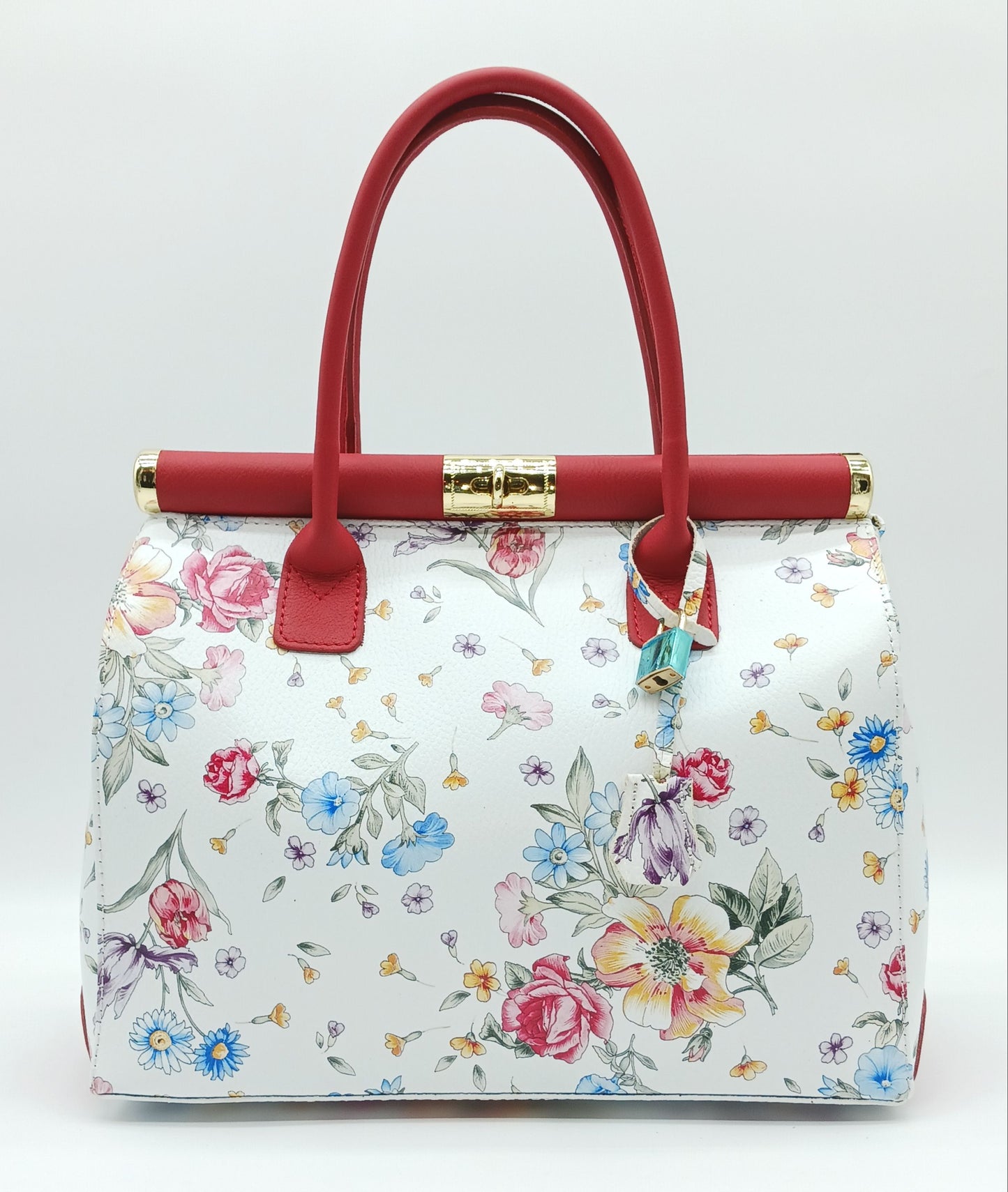 Lock & Key Genuine Pebble Leather White Red Floral Handbag Satchel  – Made In Italy