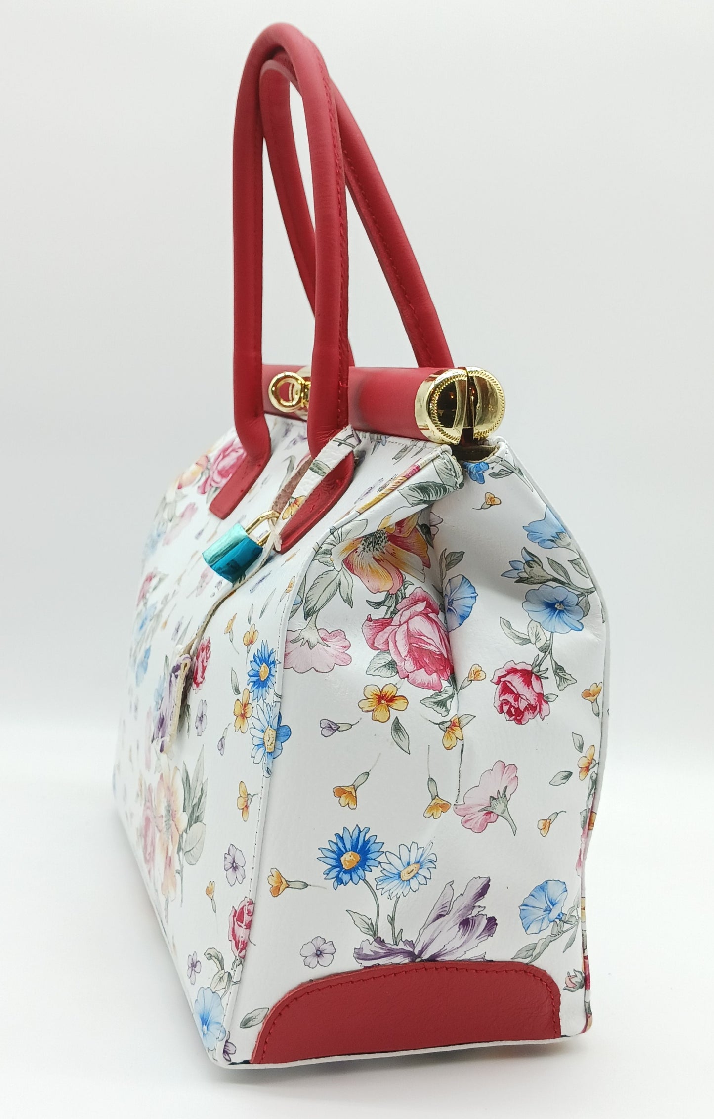 Lock & Key Genuine Pebble Leather White Red Floral Handbag Satchel  – Made In Italy