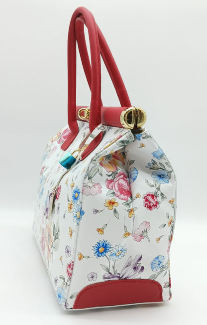 Lock & Key Genuine Pebble Leather White Red Floral Handbag Satchel  – Made In Italy