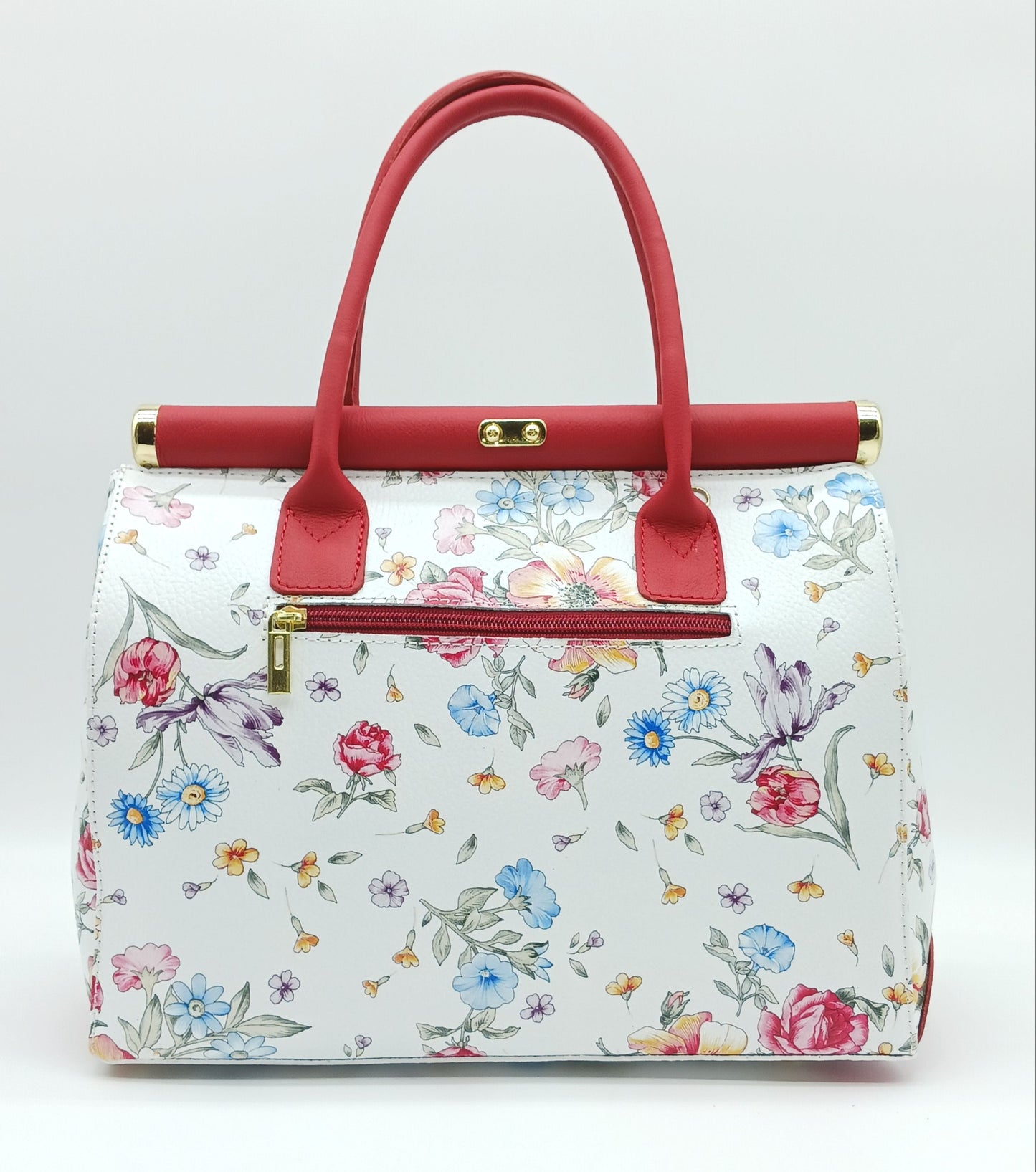 Lock & Key Genuine Pebble Leather White Red Floral Handbag Satchel  – Made In Italy