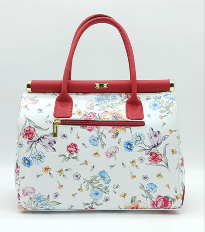 Lock & Key Genuine Pebble Leather White Red Floral Handbag Satchel  – Made In Italy