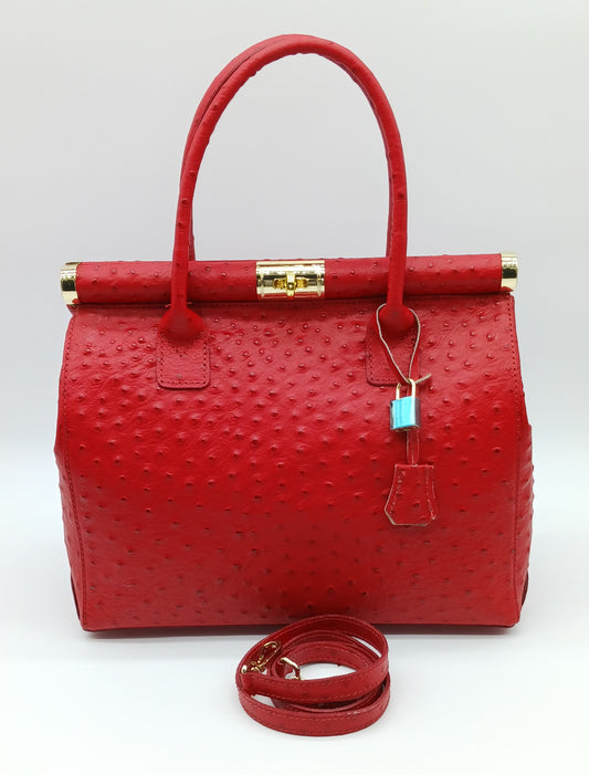 Lock & Key Genuine Ostrich Embossed Leather Handbag Satchel - Red – Made In Italy - DumasvilleBoutique