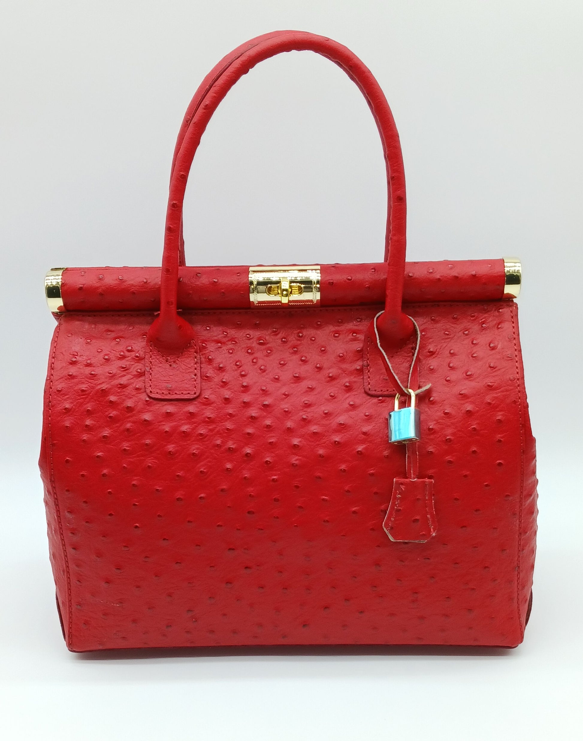 Lock & Key Genuine Ostrich Embossed Leather Handbag Satchel - Red – Made In Italy - DumasvilleBoutique