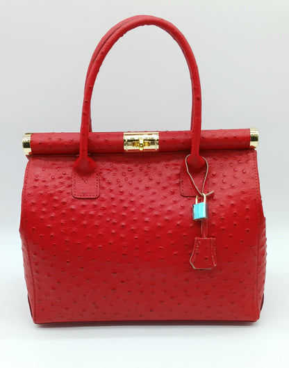 Lock & Key Genuine Ostrich Embossed Leather Handbag Satchel - Red – Made In Italy - DumasvilleBoutique