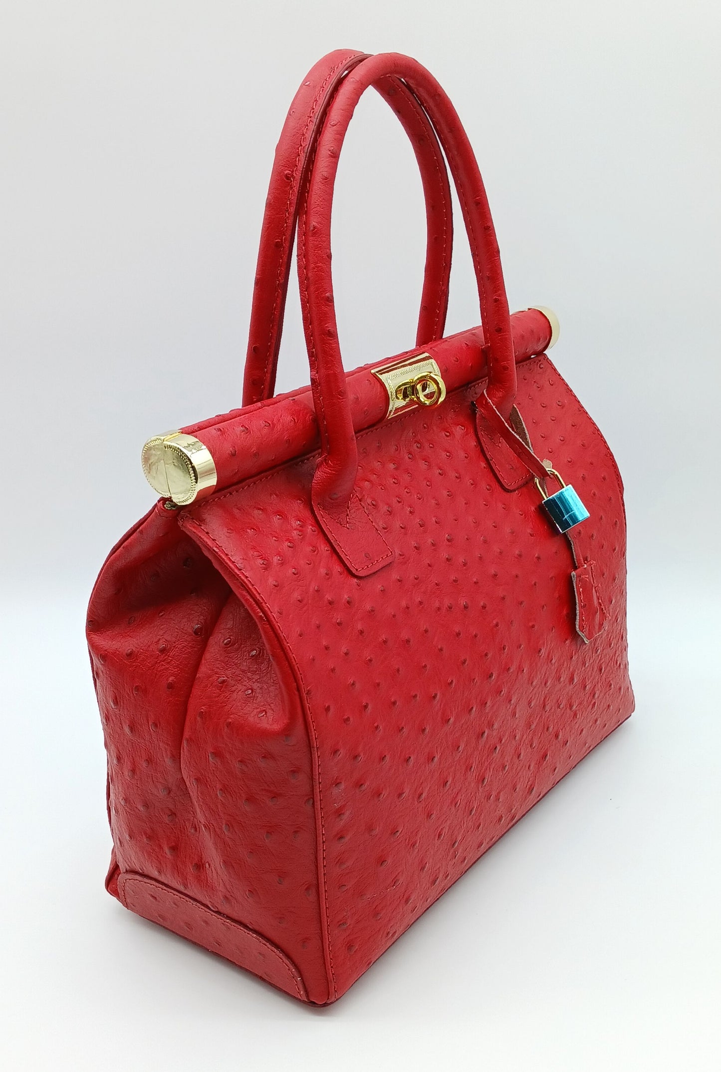 Lock & Key Genuine Ostrich Embossed Leather Handbag Satchel - Red – Made In Italy - DumasvilleBoutique