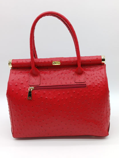 Lock & Key Genuine Ostrich Embossed Leather Handbag Satchel - Red – Made In Italy - DumasvilleBoutique