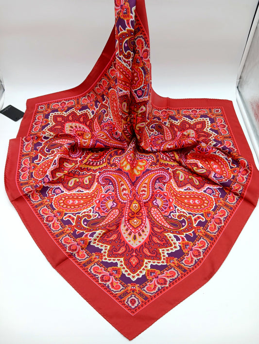 Designer Red Paisley Silk Twill Scarf 35x35 – Made In Italy - DumasvilleBoutique