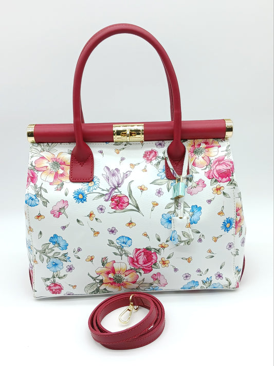 Lock & Key Genuine Pebble Leather White Red Floral Handbag Satchel – Made In Italy
