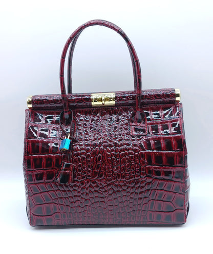 Lock & Key Shiny Croc Embossed Genuine Leather Handbag Satchel – Made In Italy - Red