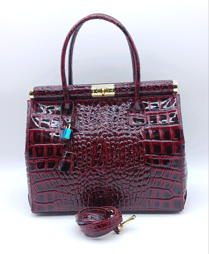 Lock & Key Shiny Croc Embossed Genuine Leather Handbag Satchel – Made In Italy - Red