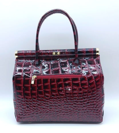 Lock & Key Shiny Croc Embossed Genuine Leather Handbag Satchel – Made In Italy - Red