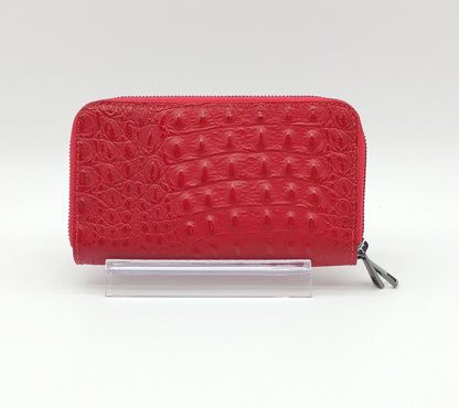 Genuine Croc Embossed Leather Double Zip Wallet – Made In Italy - Red
