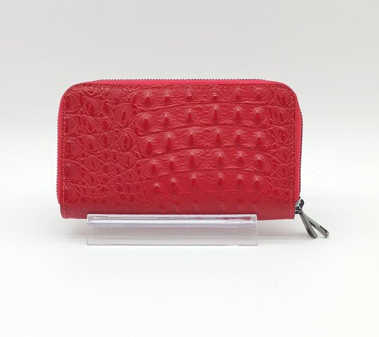 Genuine Croc Embossed Leather Double Zip Wallet – Made In Italy - Red