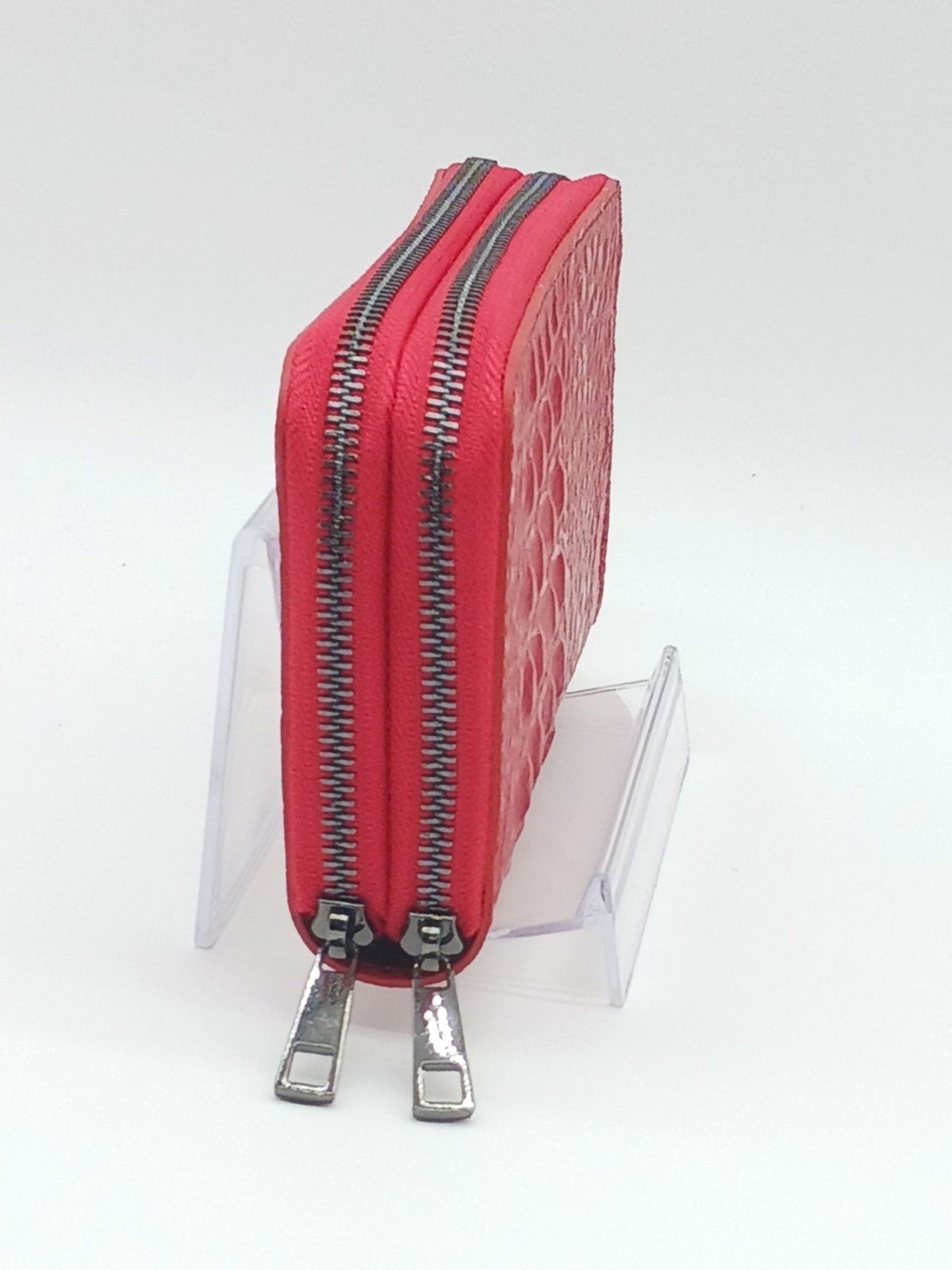 Genuine Croc Embossed Leather Double Zip Wallet – Made In Italy - Red
