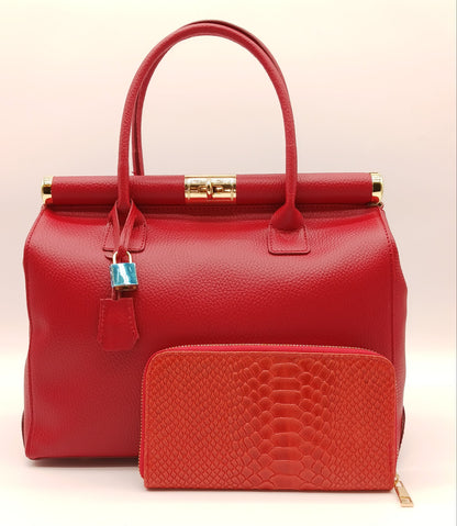 Genuine Snake Embossed Leather Zip Wallet – Made In Italy - Red