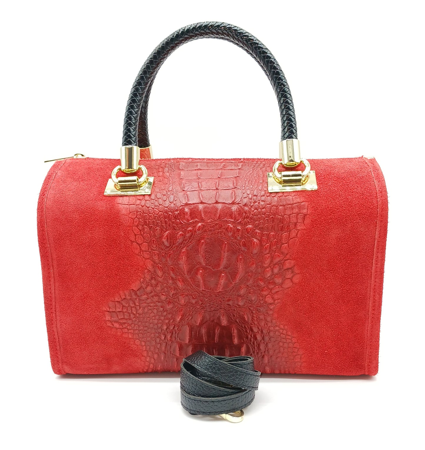 Genuine Suede & Leather Croc Embossed Satchel Handbag - Red – Made In Italy