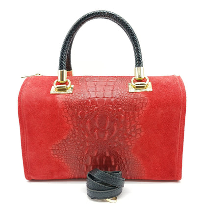 Genuine Suede & Leather Croc Embossed Satchel Handbag - Red – Made In Italy