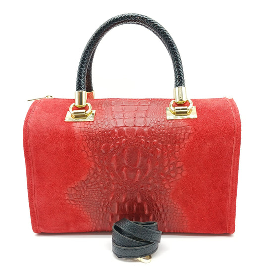 Genuine Suede & Leather Croc Embossed Satchel Handbag - Red – Made In Italy