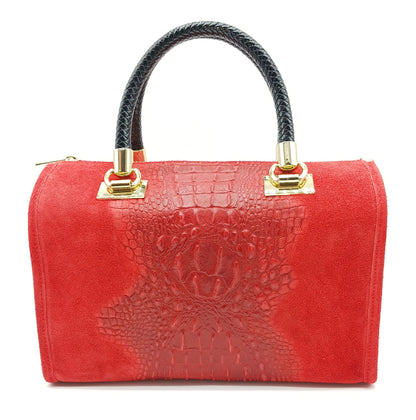 Genuine Suede & Leather Croc Embossed Satchel Handbag - Red – Made In Italy