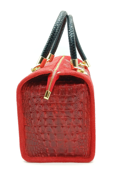 Genuine Suede & Leather Croc Embossed Satchel Handbag - Red – Made In Italy