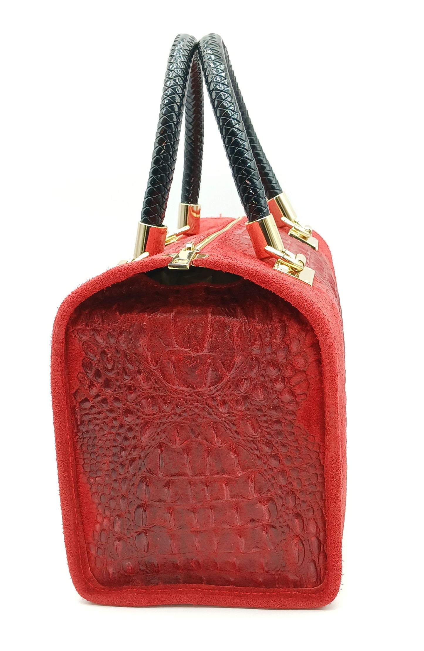 Genuine Suede & Leather Croc Embossed Satchel Handbag - Red – Made In Italy
