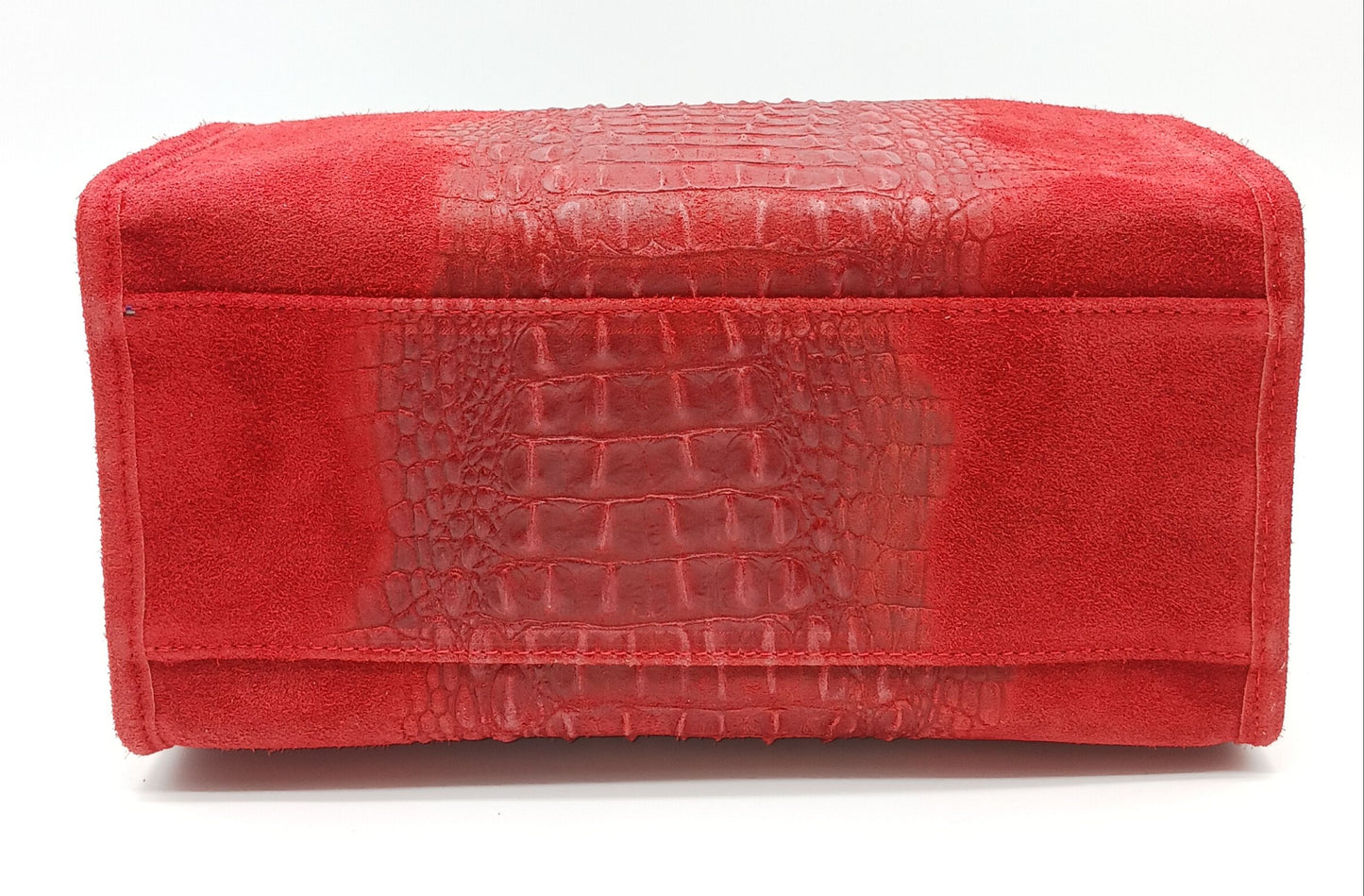Genuine Suede & Leather Croc Embossed Satchel Handbag - Red – Made In Italy