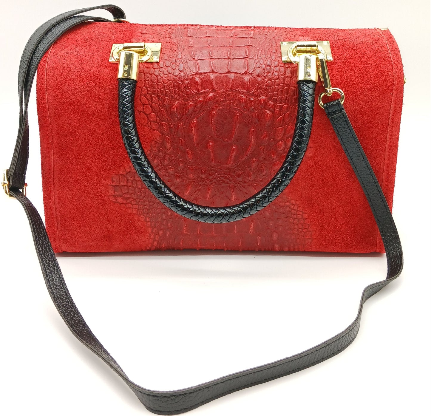 Genuine Suede & Leather Croc Embossed Satchel Handbag - Red – Made In Italy
