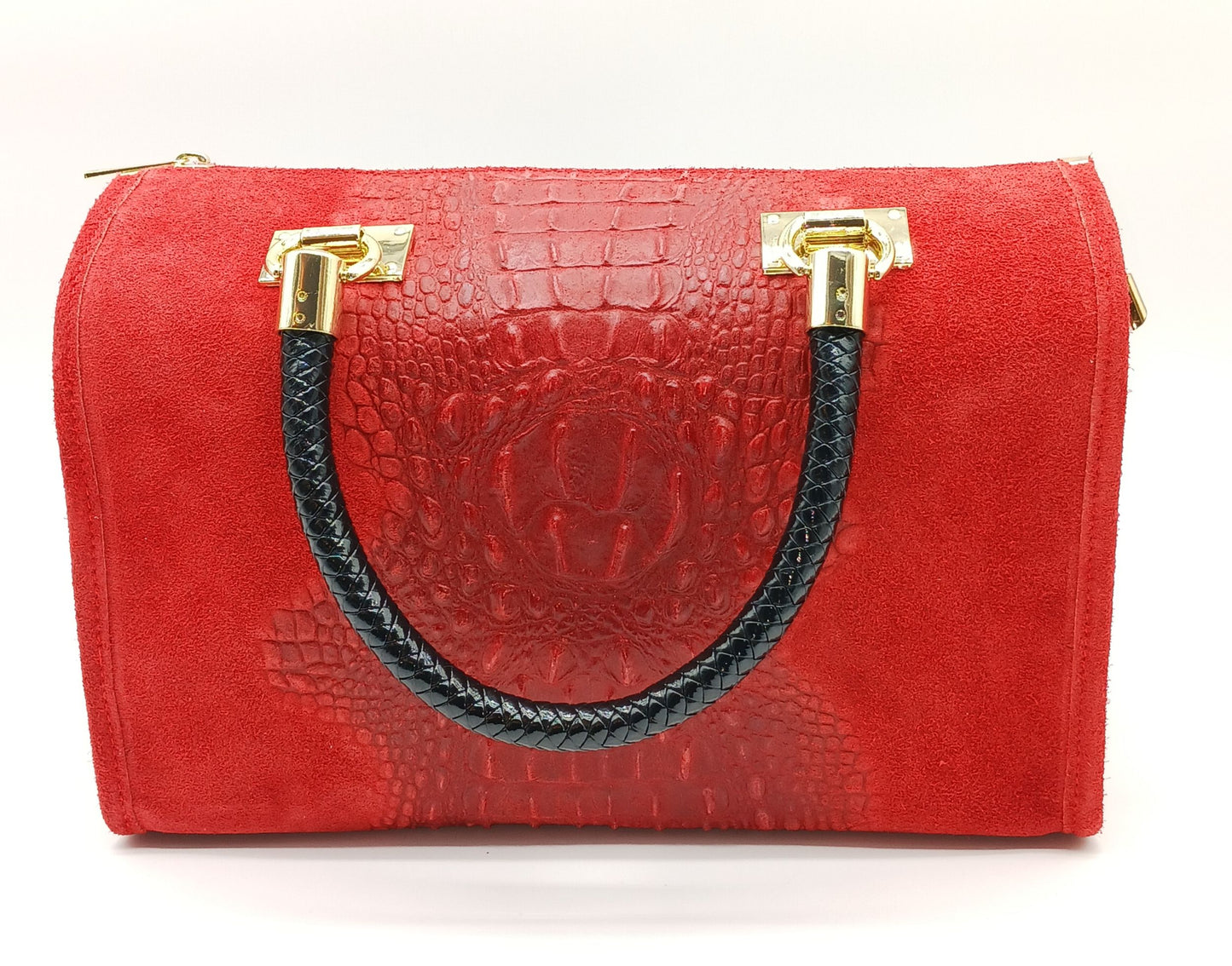 Genuine Suede & Leather Croc Embossed Satchel Handbag - Red – Made In Italy