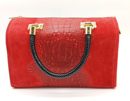 Genuine Suede & Leather Croc Embossed Satchel Handbag - Red – Made In Italy