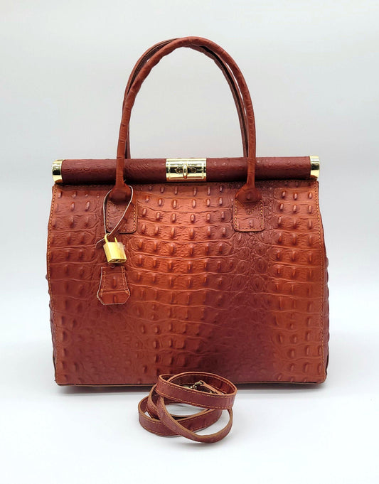 Lock & Key Genuine Croc Embossed Leather Handbag Satchel - Rust Brown – Made In Italy - DumasvilleBoutique