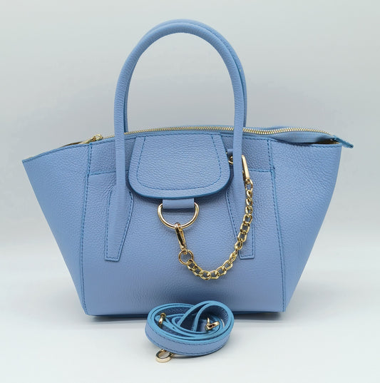 Sky Blue Genuine Pebble Leather Satchel Shoulder Handbag – Made In Italy