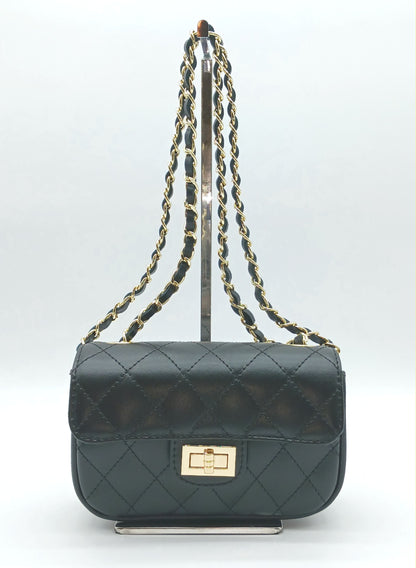 Genuine Leather Quilted Handbag (Small) – Made In Italy - Black