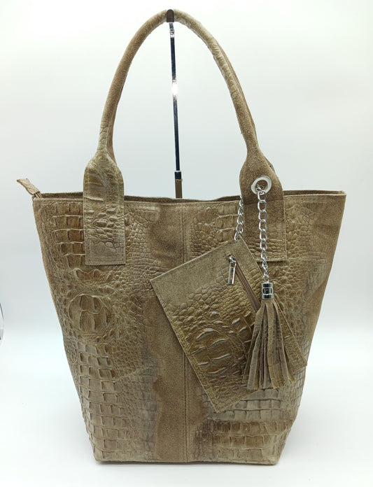 Genuine Leather & Suede Croc Embossed XL Shoulder Bag Tote – Taupe Brown - Made In Italy - DumasvilleBoutique