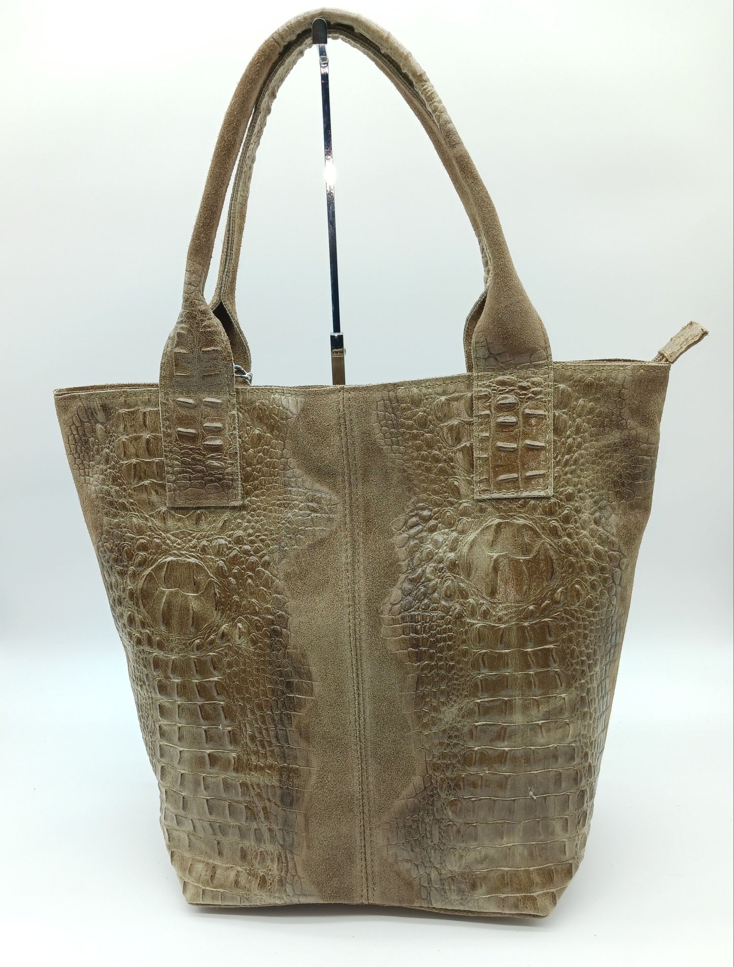 Genuine Leather & Suede Croc Embossed XL Shoulder Bag Tote – Taupe Brown - Made In Italy - DumasvilleBoutique