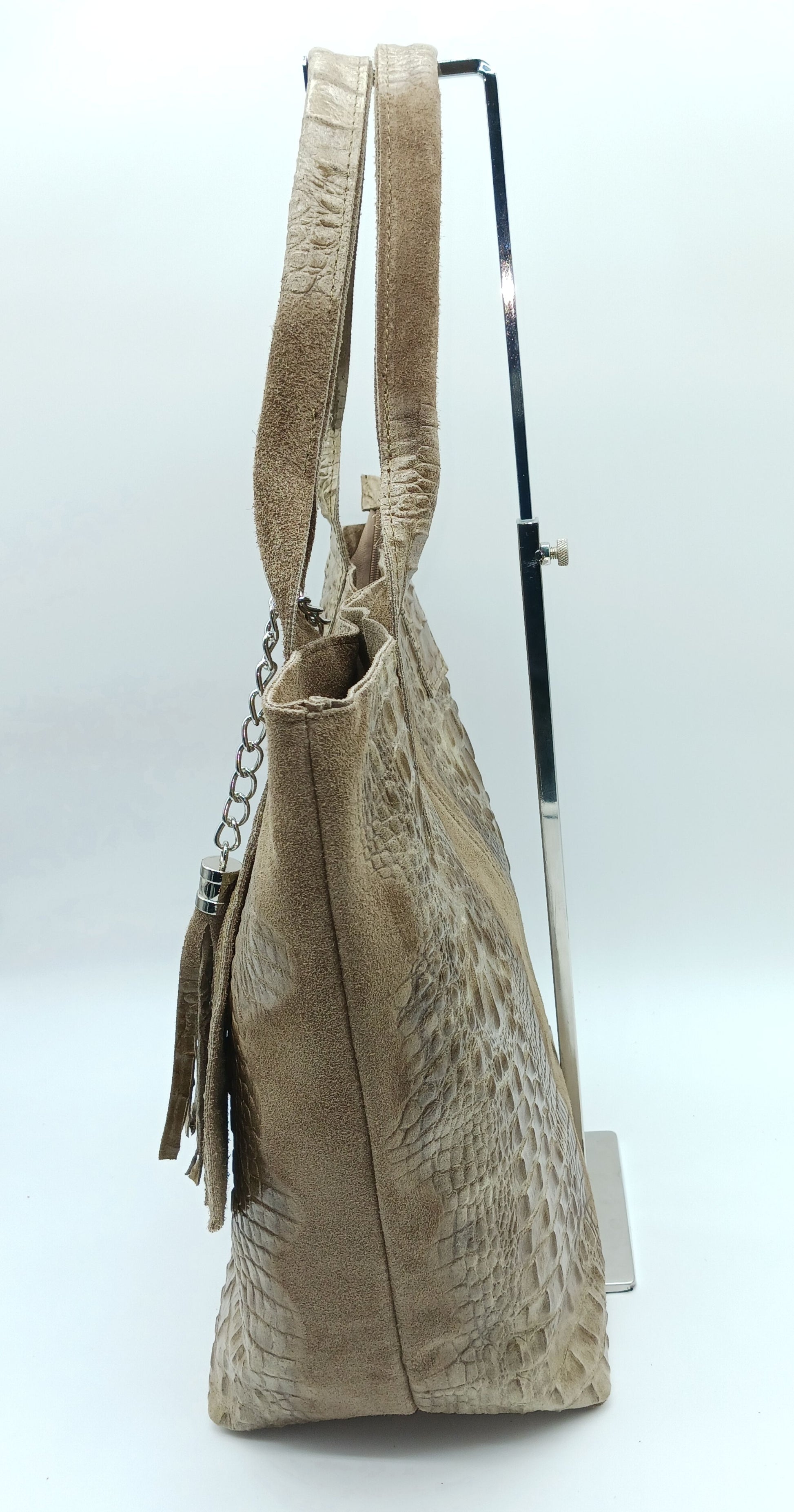 Genuine Leather & Suede Croc Embossed XL Shoulder Bag Tote – Taupe Brown - Made In Italy - DumasvilleBoutique