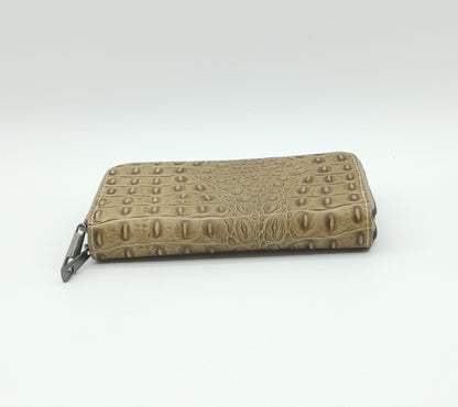 Genuine Croc Embossed Leather Double Zip Wallet – Made In Italy - Taupe