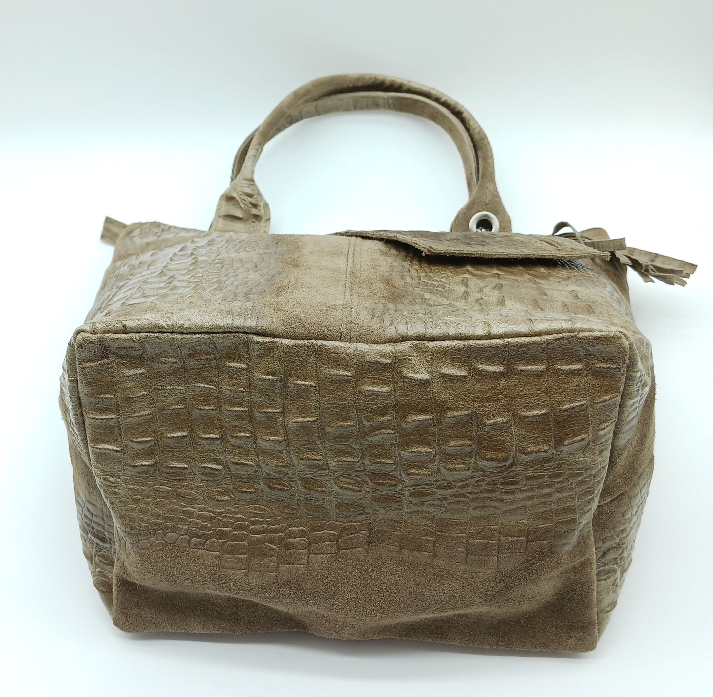 Genuine Leather & Suede Croc Embossed XL Shoulder Bag Tote – Taupe Brown - Made In Italy - DumasvilleBoutique