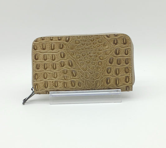 Genuine Croc Embossed Leather Double Zip Wallet – Made In Italy - Taupe