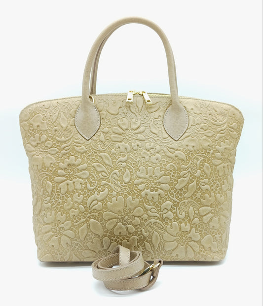 Taupe Genuine Leather Floral Embossed Handbag Satchel – Made In Italy