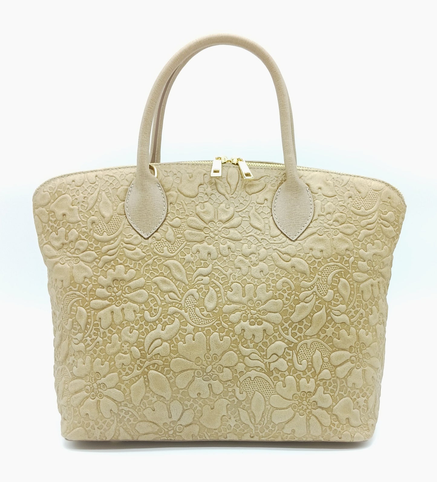Taupe Genuine Leather Floral Embossed Handbag Satchel – Made In Italy
