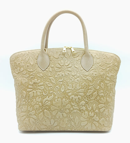Taupe Genuine Leather Floral Embossed Handbag Satchel – Made In Italy