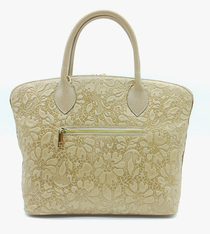 Taupe Genuine Leather Floral Embossed Handbag Satchel – Made In Italy