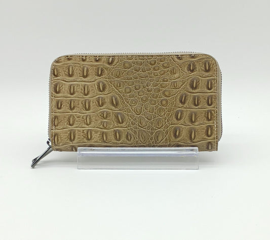Genuine Croc Embossed Leather Double Zip Wallet – Made In Italy - Taupe