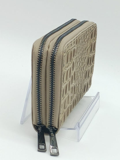 Genuine Croc Embossed Leather Double Zip Wallet – Made In Italy - Taupe