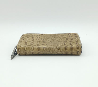 Genuine Croc Embossed Leather Double Zip Wallet – Made In Italy - Taupe
