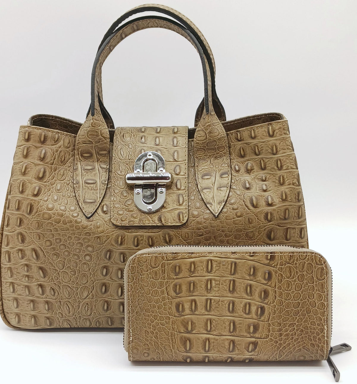Genuine Croc Embossed Leather Double Zip Wallet – Made In Italy - Taupe