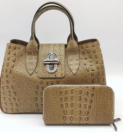 Genuine Croc Embossed Leather Double Zip Wallet – Made In Italy - Taupe