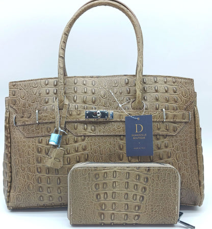 Genuine Croc Embossed Leather Double Zip Wallet – Made In Italy - Taupe