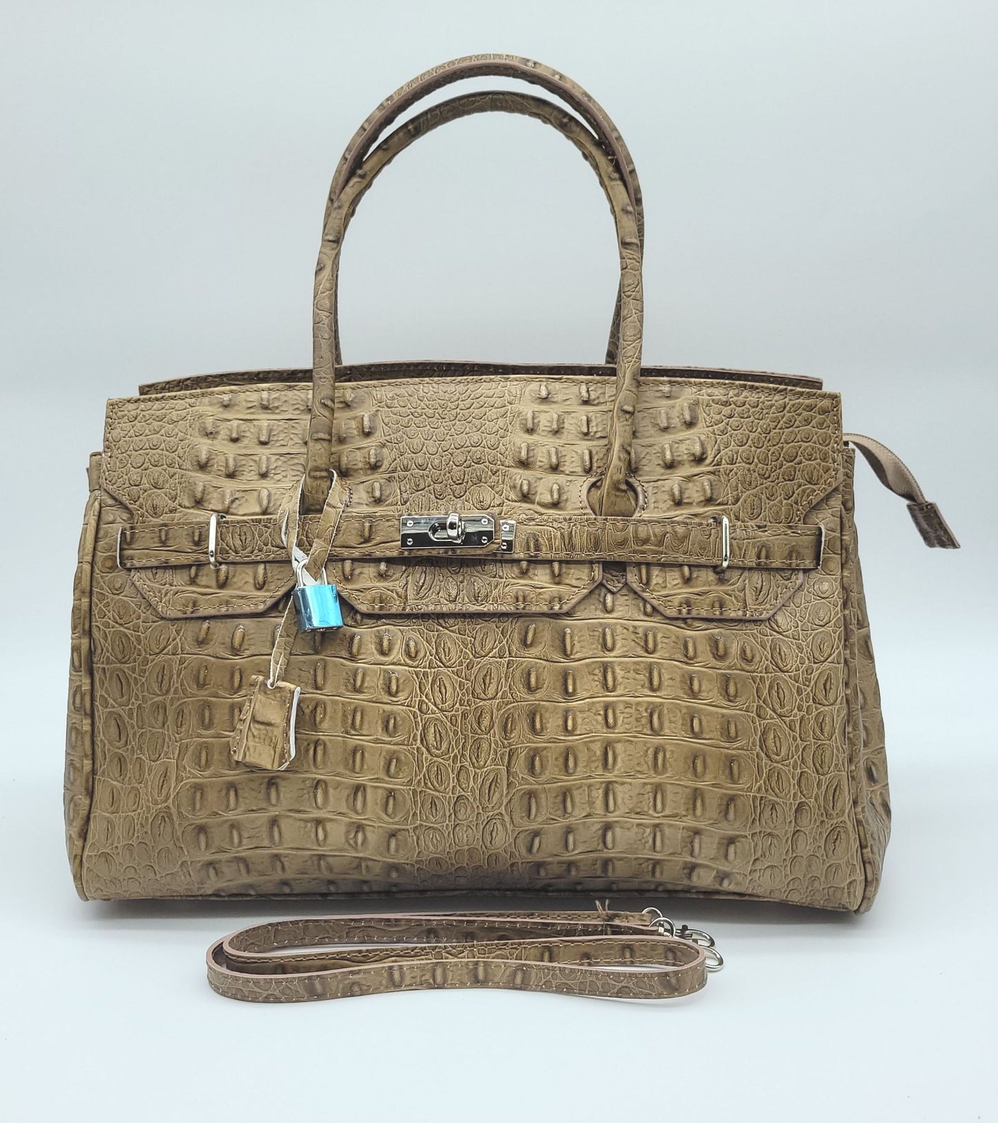 Lock & Key Genuine Croc Embossed Leather Handbag Satchel Taupe LARGER VERSION – Made In Italy